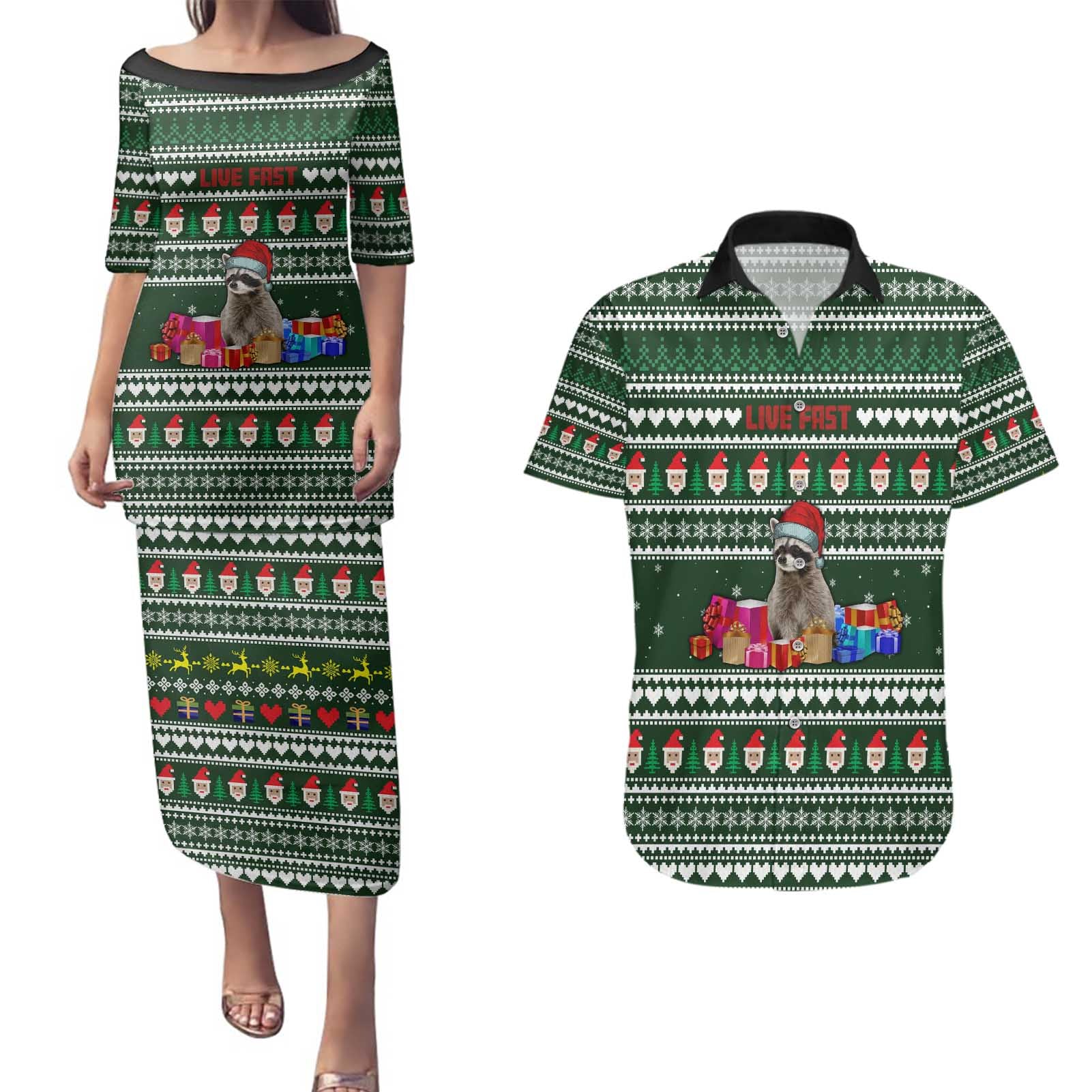 Sloth Christmas Couples Matching Puletasi and Hawaiian Shirt with Santa Hat, Presents, and Festive Pattern - Wonder Print Shop