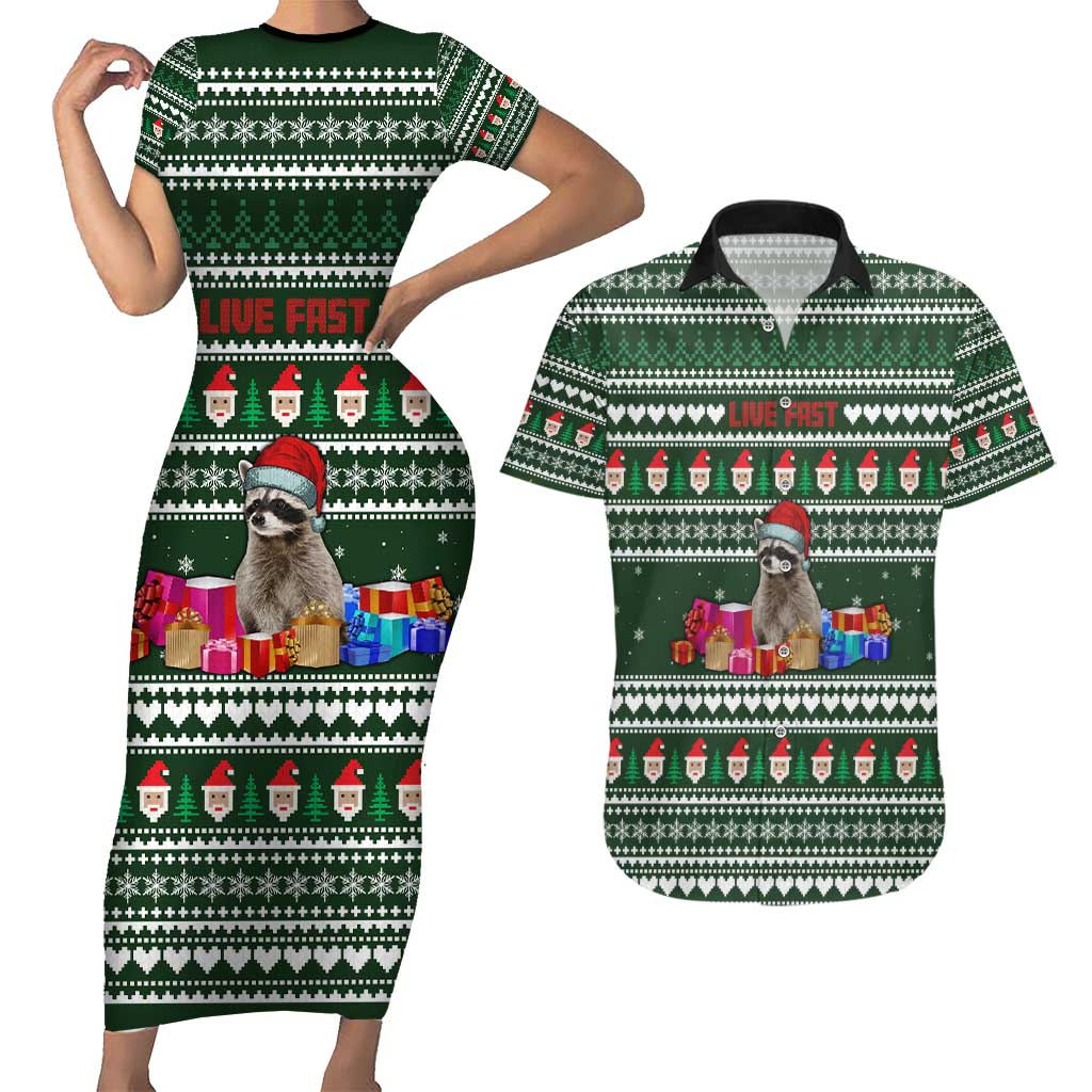 Sloth Christmas Couples Matching Short Sleeve Bodycon Dress and Hawaiian Shirt with Santa Hat, Presents, and Festive Pattern - Wonder Print Shop