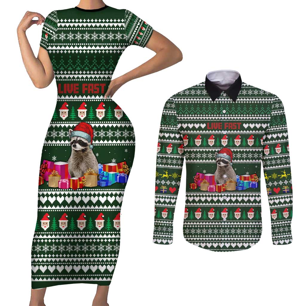 Sloth Christmas Couples Matching Short Sleeve Bodycon Dress and Long Sleeve Button Shirt with Santa Hat, Presents, and Festive Pattern - Wonder Print Shop