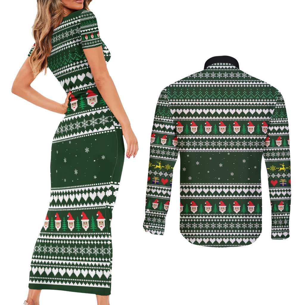 Sloth Christmas Couples Matching Short Sleeve Bodycon Dress and Long Sleeve Button Shirt with Santa Hat, Presents, and Festive Pattern - Wonder Print Shop