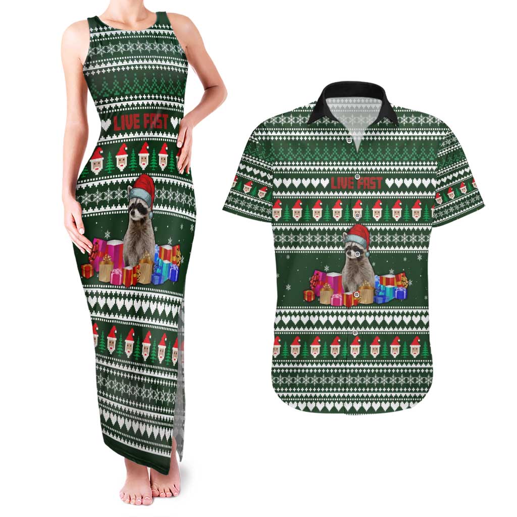 Sloth Christmas Couples Matching Tank Maxi Dress and Hawaiian Shirt with Santa Hat, Presents, and Festive Pattern - Wonder Print Shop
