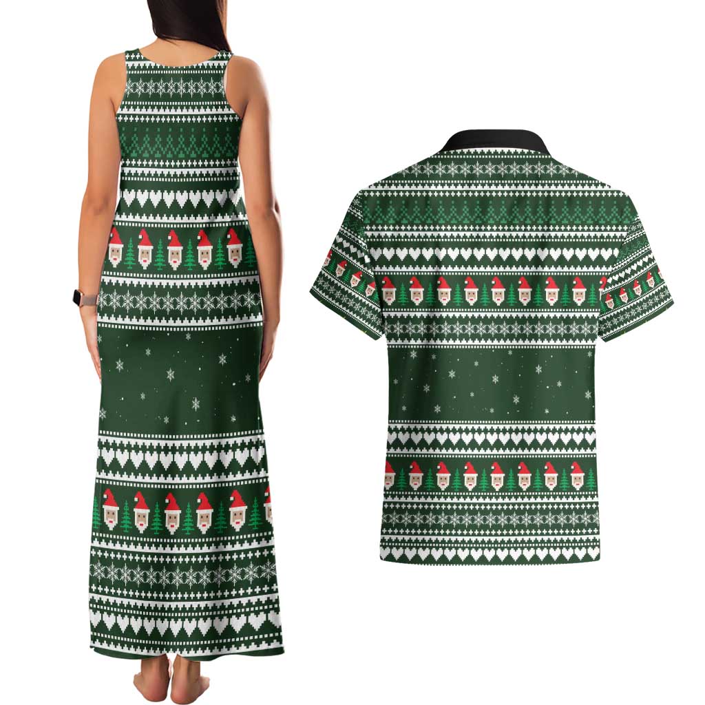 Sloth Christmas Couples Matching Tank Maxi Dress and Hawaiian Shirt with Santa Hat, Presents, and Festive Pattern - Wonder Print Shop