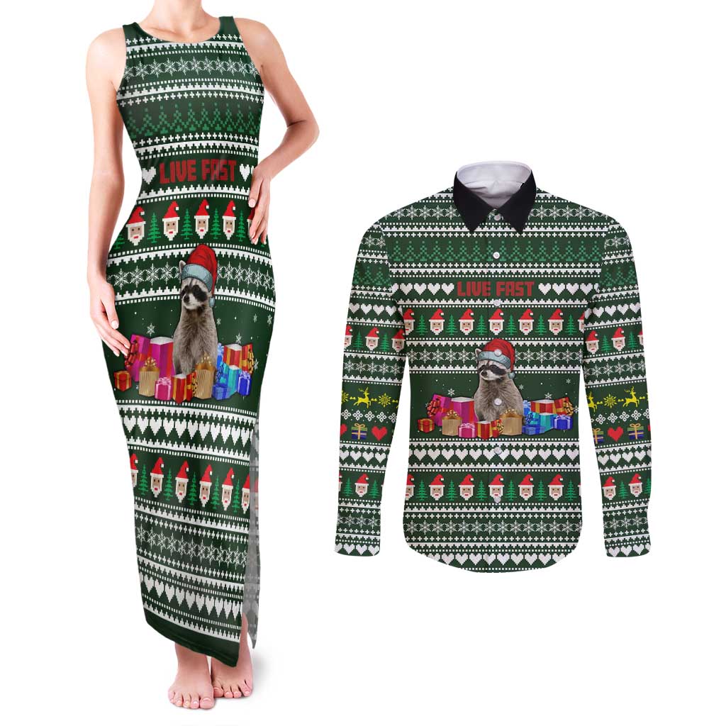 Sloth Christmas Couples Matching Tank Maxi Dress and Long Sleeve Button Shirt with Santa Hat, Presents, and Festive Pattern - Wonder Print Shop