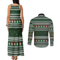 Sloth Christmas Couples Matching Tank Maxi Dress and Long Sleeve Button Shirt with Santa Hat, Presents, and Festive Pattern - Wonder Print Shop