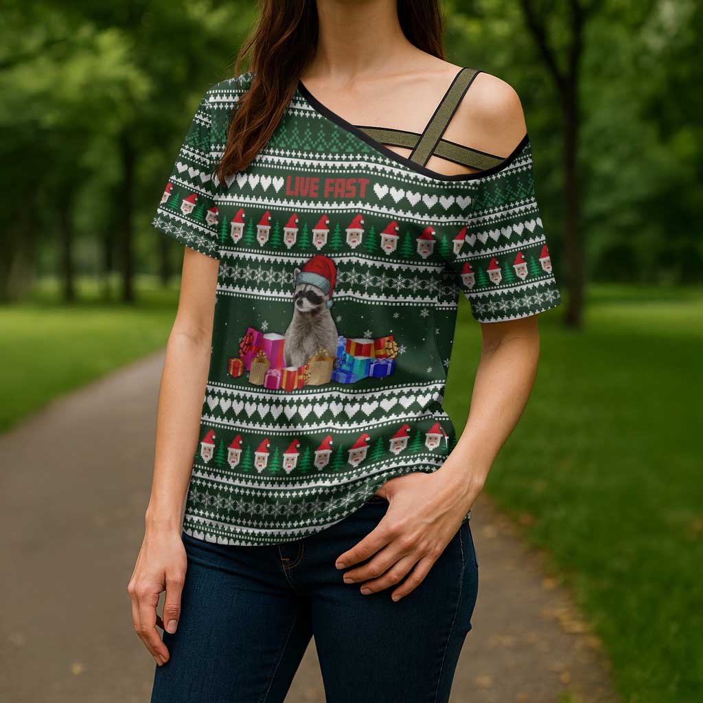 Sloth Christmas Cross Shoulder Shirt with Santa Hat, Presents, and Festive Pattern - Wonder Print Shop