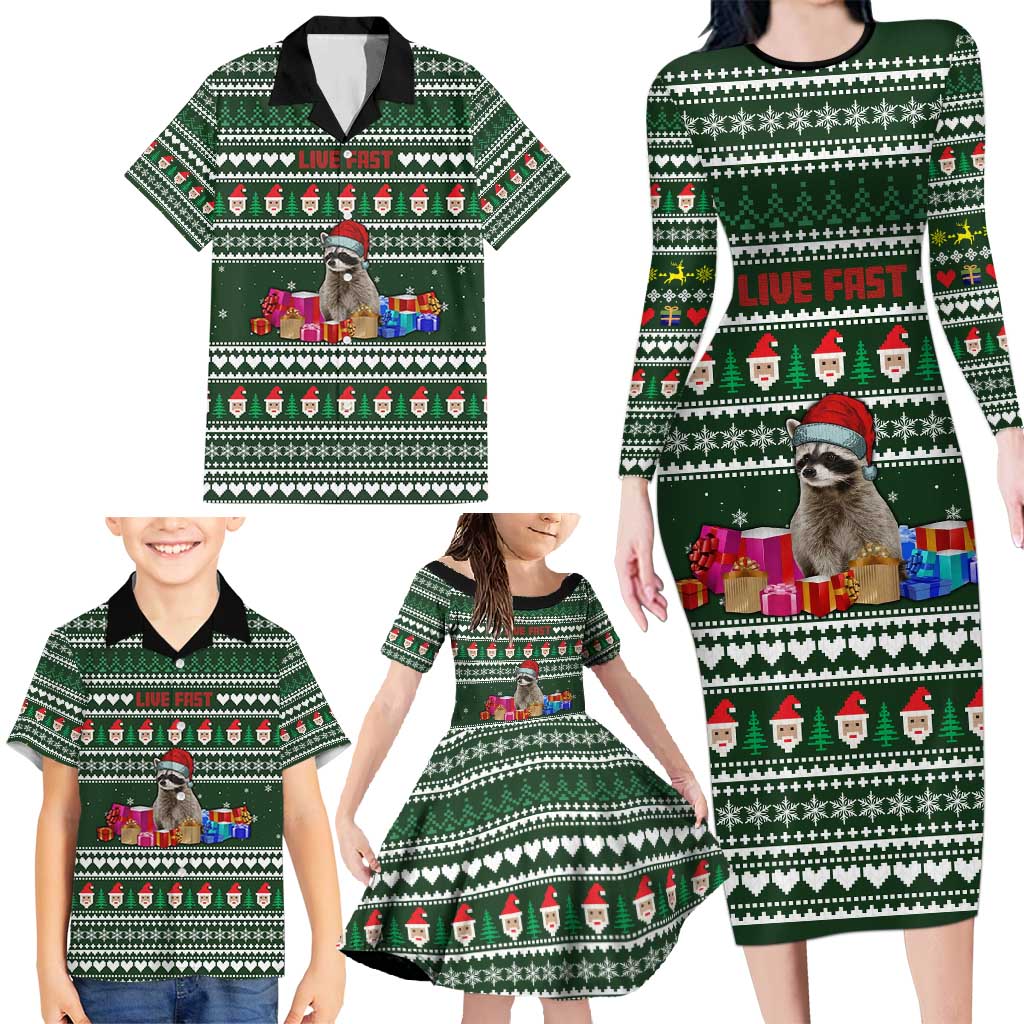 Sloth Christmas Family Matching Long Sleeve Bodycon Dress and Hawaiian Shirt with Santa Hat, Presents, and Festive Pattern - Wonder Print Shop