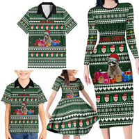 Sloth Christmas Family Matching Long Sleeve Bodycon Dress and Hawaiian Shirt with Santa Hat, Presents, and Festive Pattern - Wonder Print Shop