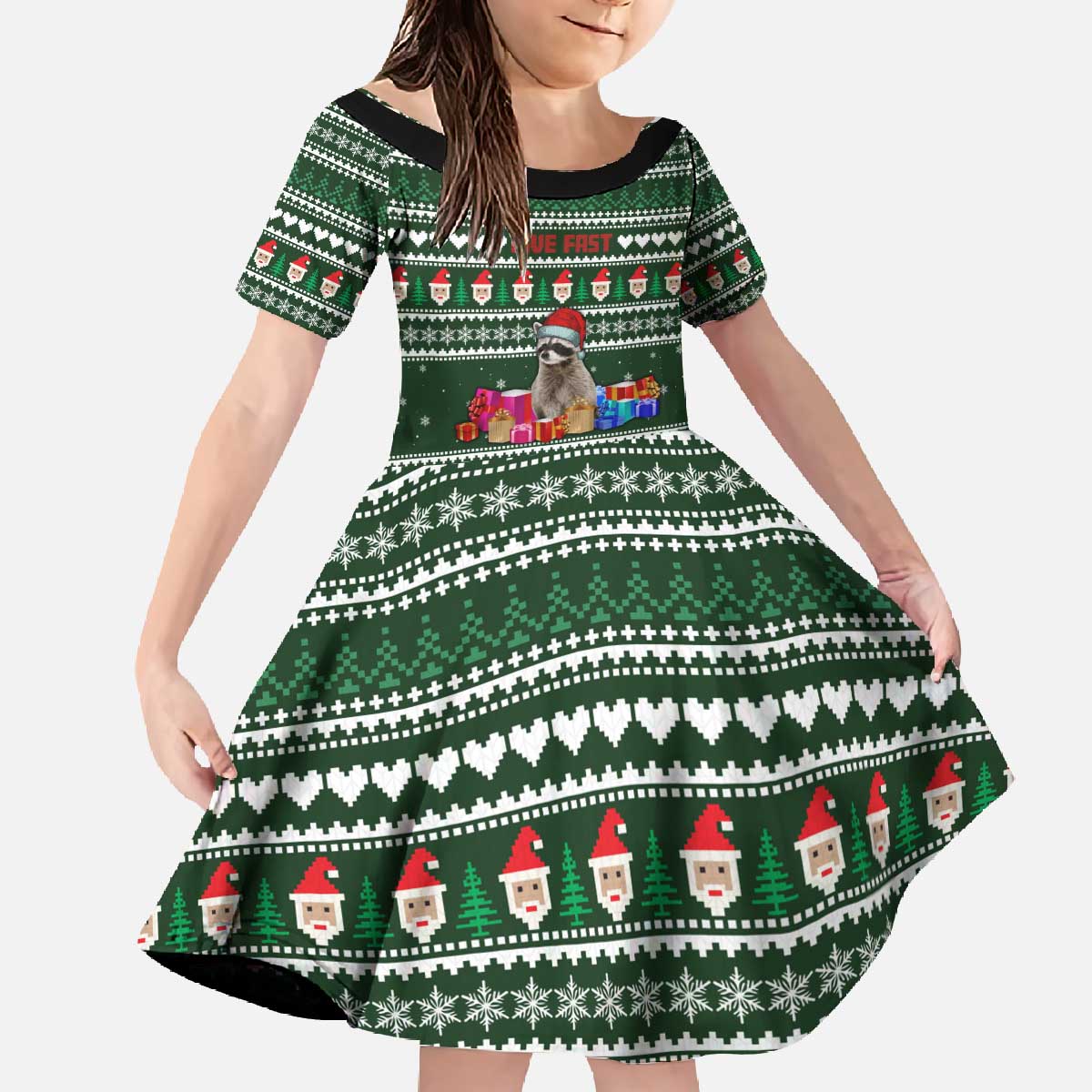 Sloth Christmas Family Matching Off The Shoulder Long Sleeve Dress and Hawaiian Shirt with Santa Hat, Presents, and Festive Pattern - Wonder Print Shop