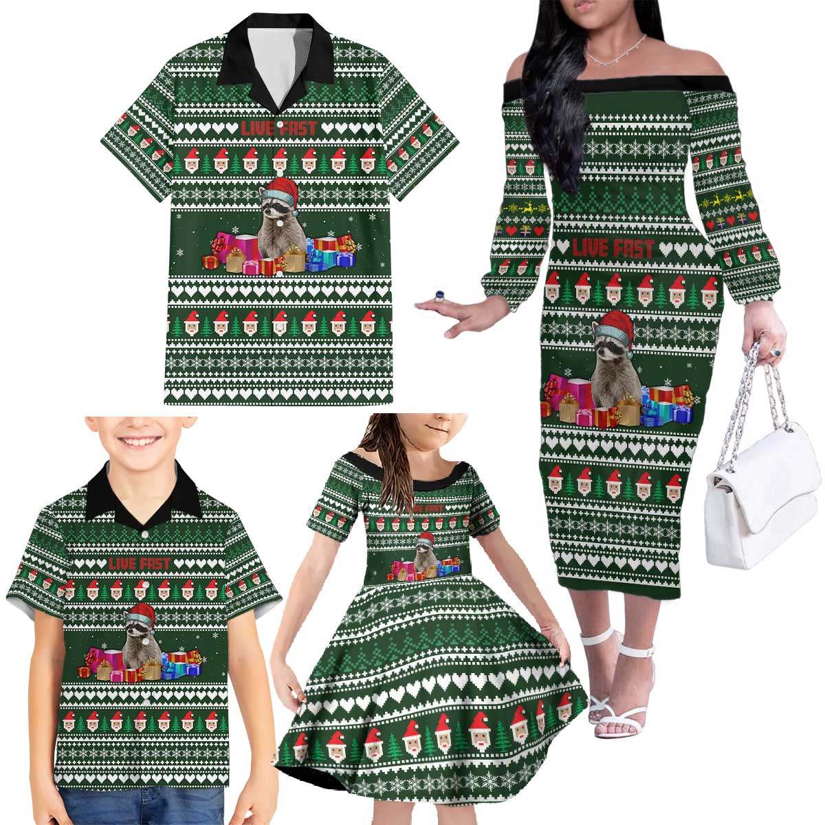 Sloth Christmas Family Matching Off The Shoulder Long Sleeve Dress and Hawaiian Shirt with Santa Hat, Presents, and Festive Pattern - Wonder Print Shop