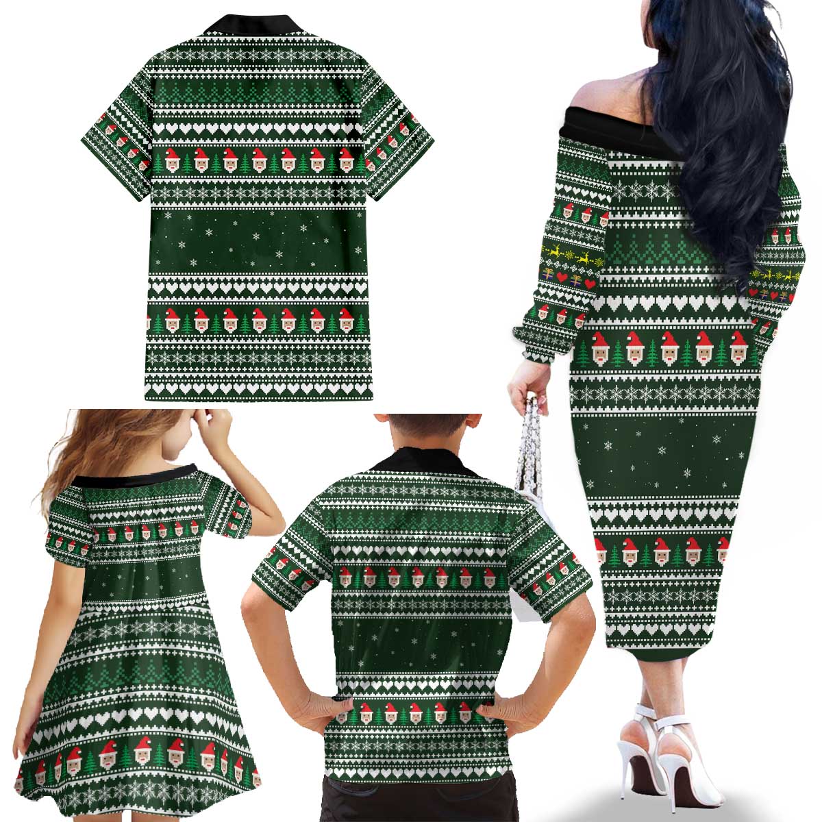 Sloth Christmas Family Matching Off The Shoulder Long Sleeve Dress and Hawaiian Shirt with Santa Hat, Presents, and Festive Pattern - Wonder Print Shop