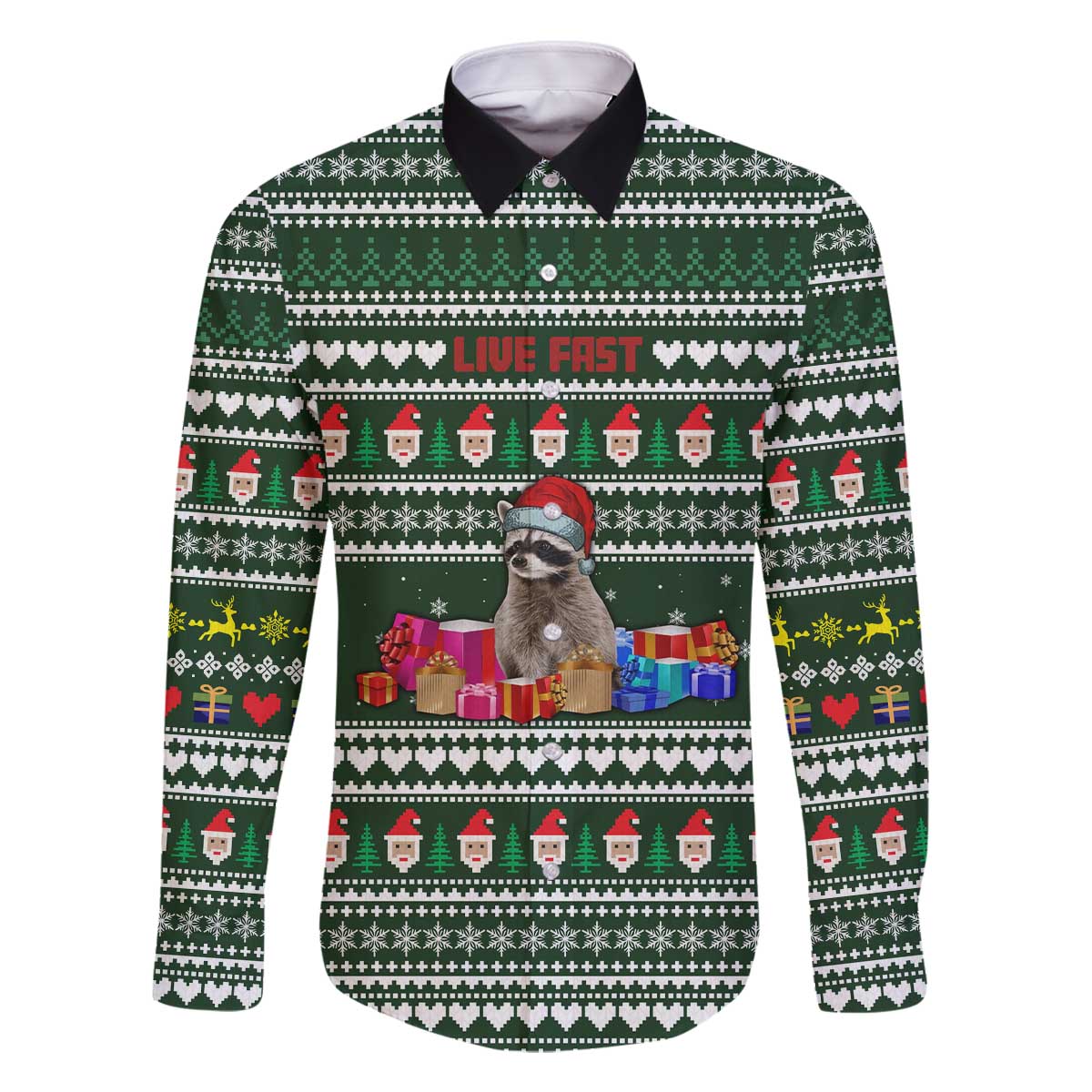 Sloth Christmas Family Matching Off The Shoulder Long Sleeve Dress and Hawaiian Shirt with Santa Hat, Presents, and Festive Pattern - Wonder Print Shop