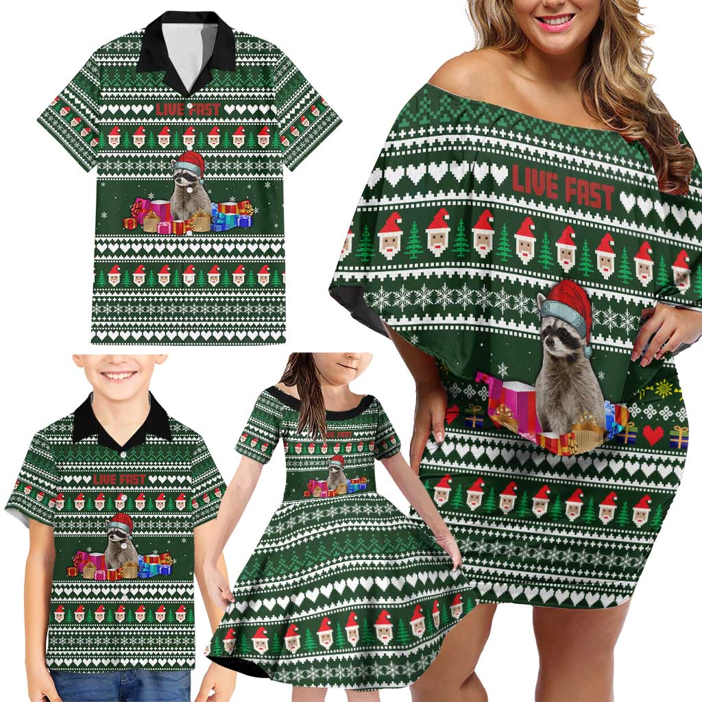 Sloth Christmas Family Matching Off Shoulder Short Dress and Hawaiian Shirt with Santa Hat, Presents, and Festive Pattern - Wonder Print Shop