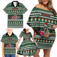 Sloth Christmas Family Matching Off Shoulder Short Dress and Hawaiian Shirt with Santa Hat, Presents, and Festive Pattern - Wonder Print Shop
