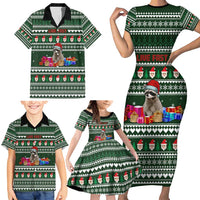 Sloth Christmas Family Matching Short Sleeve Bodycon Dress and Hawaiian Shirt with Santa Hat, Presents, and Festive Pattern - Wonder Print Shop