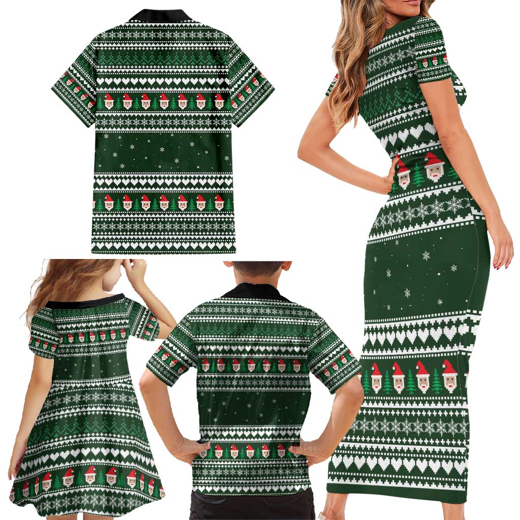 Sloth Christmas Family Matching Short Sleeve Bodycon Dress and Hawaiian Shirt with Santa Hat, Presents, and Festive Pattern - Wonder Print Shop