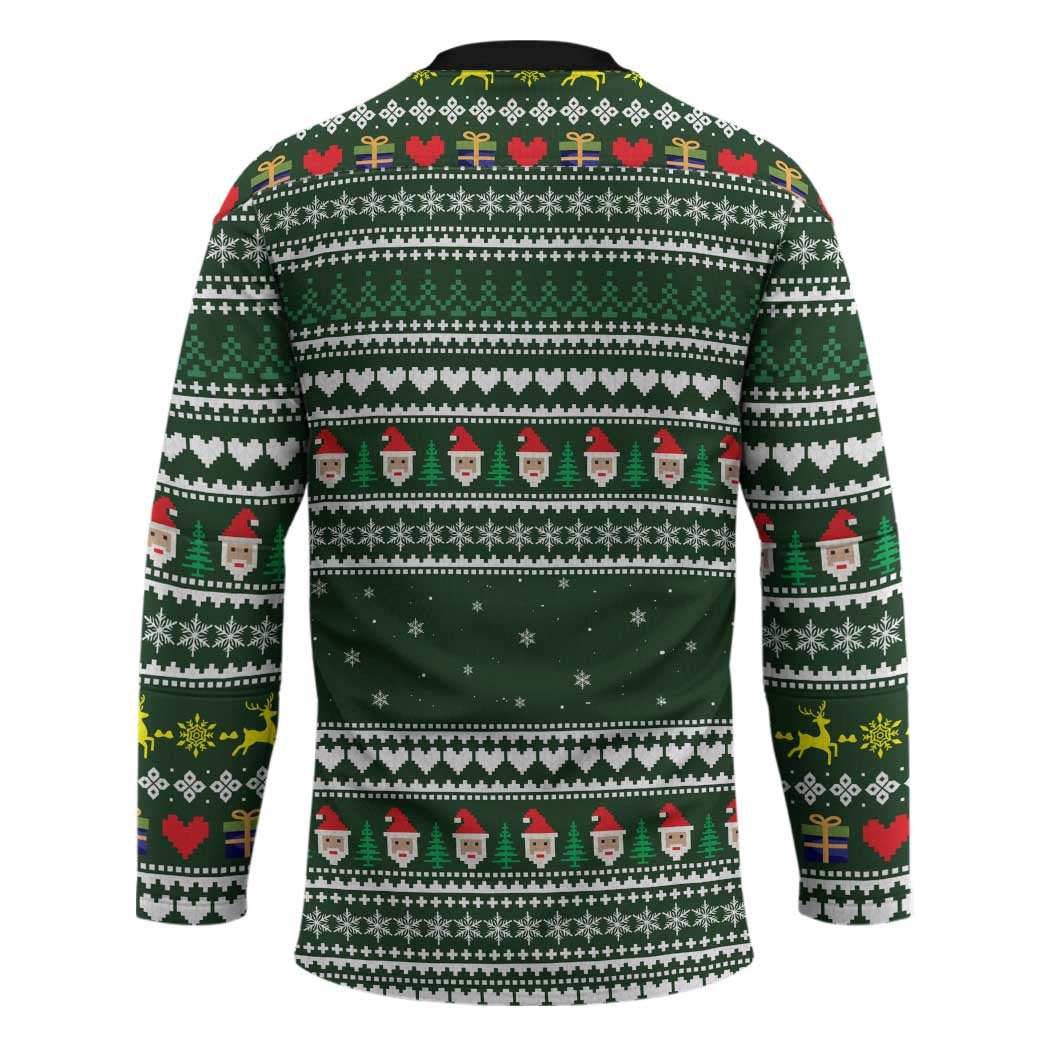 Sloth Christmas Hockey Jersey with Santa Hat, Presents, and Festive Pattern - Wonder Print Shop