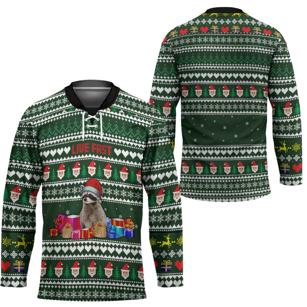 Sloth Christmas Hockey Jersey with Santa Hat, Presents, and Festive Pattern - Wonder Print Shop