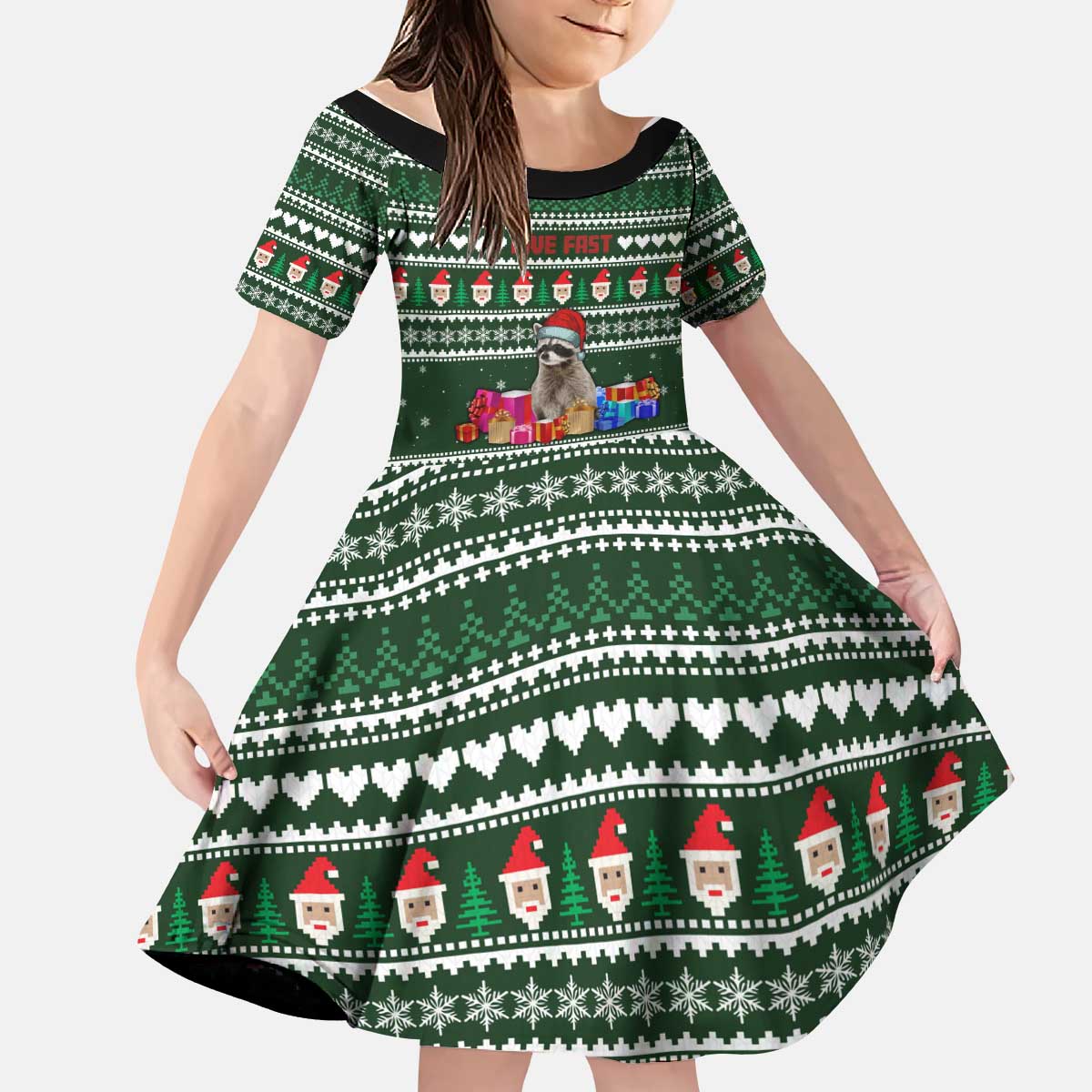 Sloth Christmas Kid Short Sleeve Dress with Santa Hat, Presents, and Festive Pattern - Wonder Print Shop