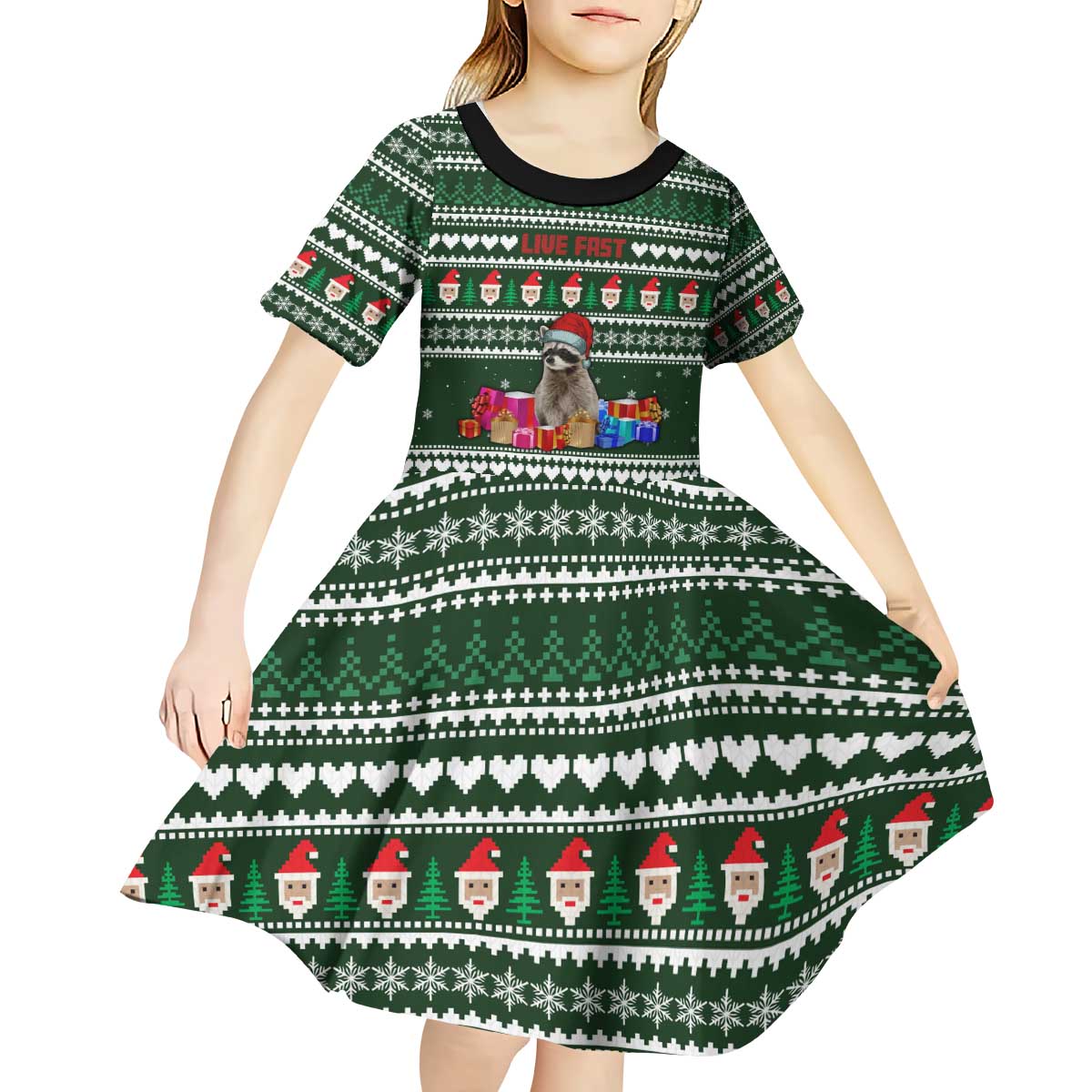 Sloth Christmas Kid Short Sleeve Dress with Santa Hat, Presents, and Festive Pattern - Wonder Print Shop