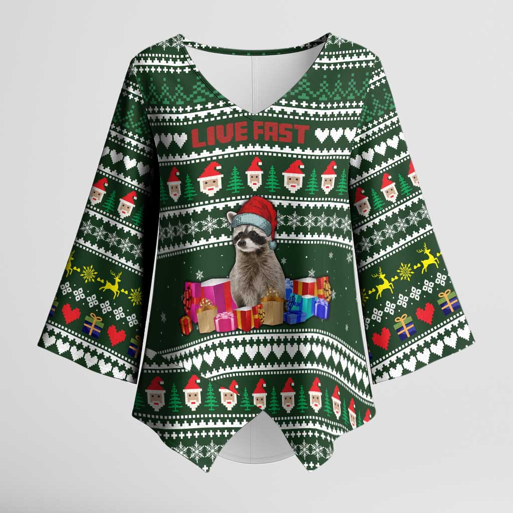 Sloth Christmas Kimono Sleeve Blouse with Santa Hat, Presents, and Festive Pattern - Wonder Print Shop