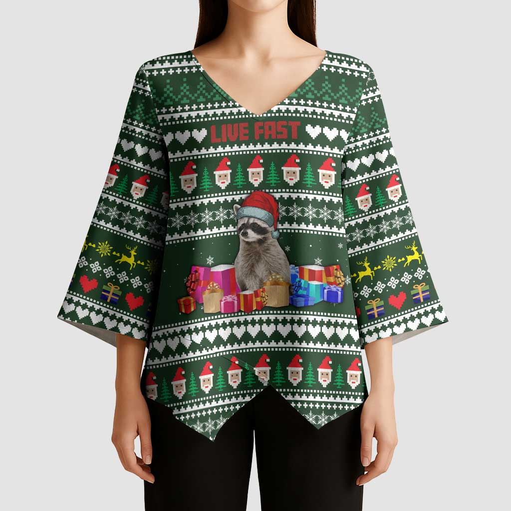 Sloth Christmas Kimono Sleeve Blouse with Santa Hat, Presents, and Festive Pattern - Wonder Print Shop