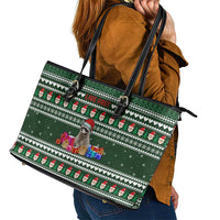 Sloth Christmas Leather Tote Bag with Santa Hat, Presents, and Festive Pattern - Wonder Print Shop