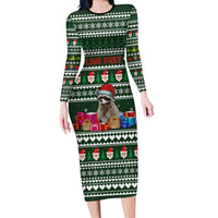 Sloth Christmas Long Sleeve Bodycon Dress with Santa Hat, Presents, and Festive Pattern - Wonder Print Shop