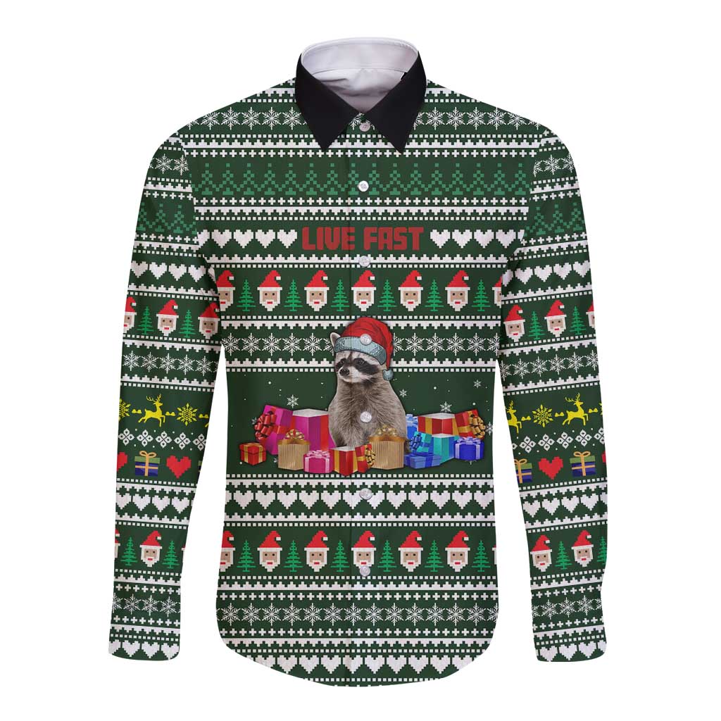 Sloth Christmas Long Sleeve Button Shirt with Santa Hat, Presents, and Festive Pattern - Wonder Print Shop