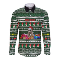 Sloth Christmas Long Sleeve Button Shirt with Santa Hat, Presents, and Festive Pattern - Wonder Print Shop