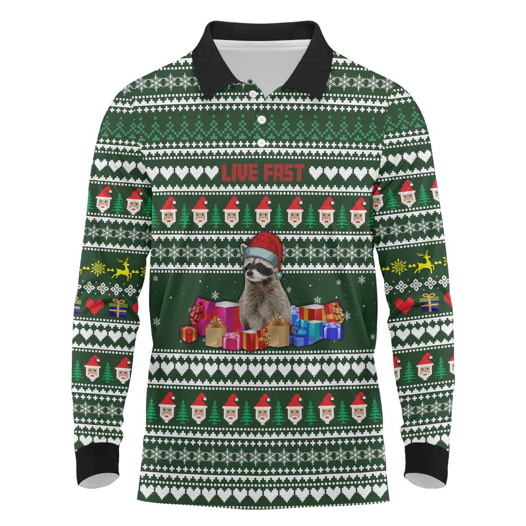 Sloth Christmas Long Sleeve Polo Shirt with Santa Hat, Presents, and Festive Pattern - Wonder Print Shop