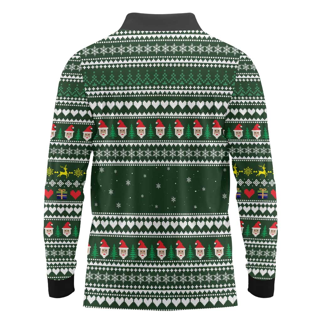 Sloth Christmas Long Sleeve Polo Shirt with Santa Hat, Presents, and Festive Pattern - Wonder Print Shop