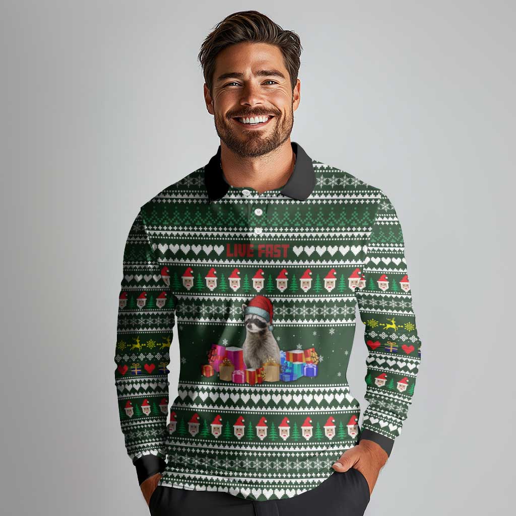 Sloth Christmas Long Sleeve Polo Shirt with Santa Hat, Presents, and Festive Pattern - Wonder Print Shop