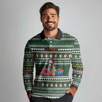 Sloth Christmas Long Sleeve Polo Shirt with Santa Hat, Presents, and Festive Pattern - Wonder Print Shop