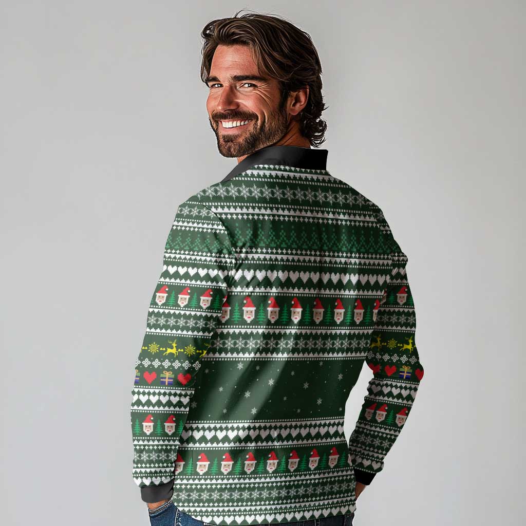 Sloth Christmas Long Sleeve Polo Shirt with Santa Hat, Presents, and Festive Pattern - Wonder Print Shop