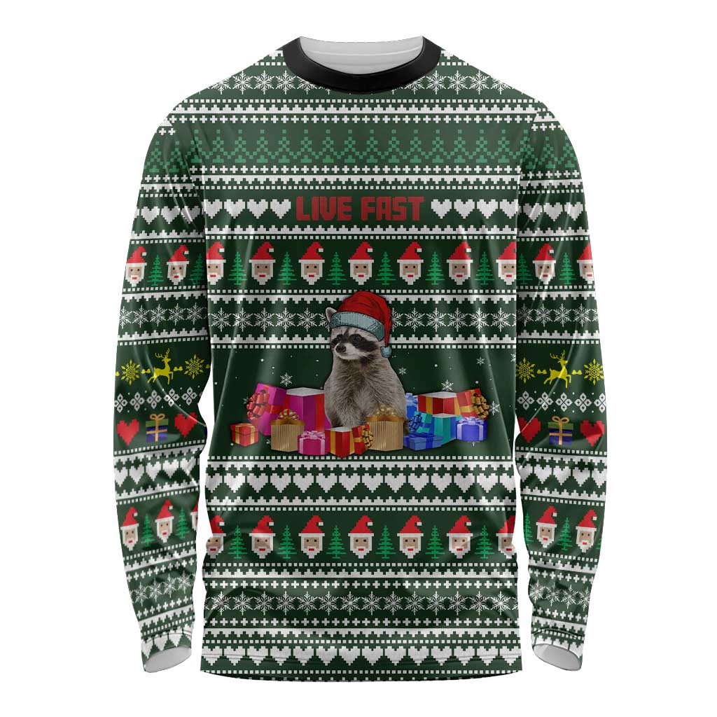 Sloth Christmas Long Sleeve Shirt with Santa Hat, Presents, and Festive Pattern - Wonder Print Shop