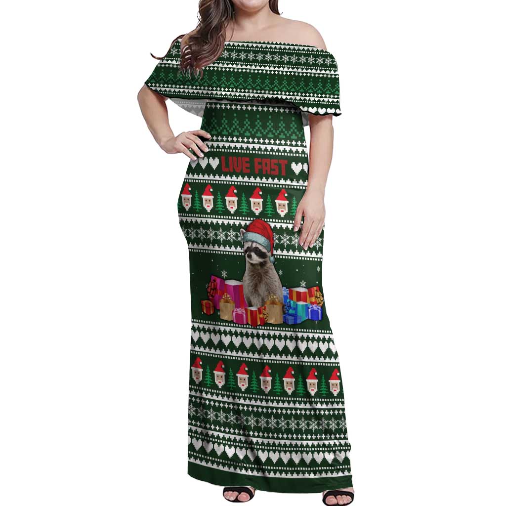 Sloth Christmas Off Shoulder Maxi Dress with Santa Hat, Presents, and Festive Pattern - Wonder Print Shop