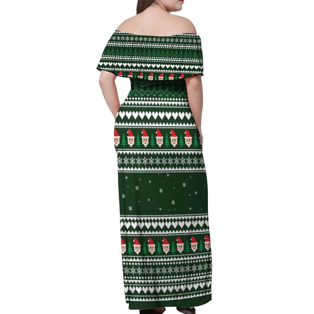 Sloth Christmas Off Shoulder Maxi Dress with Santa Hat, Presents, and Festive Pattern - Wonder Print Shop