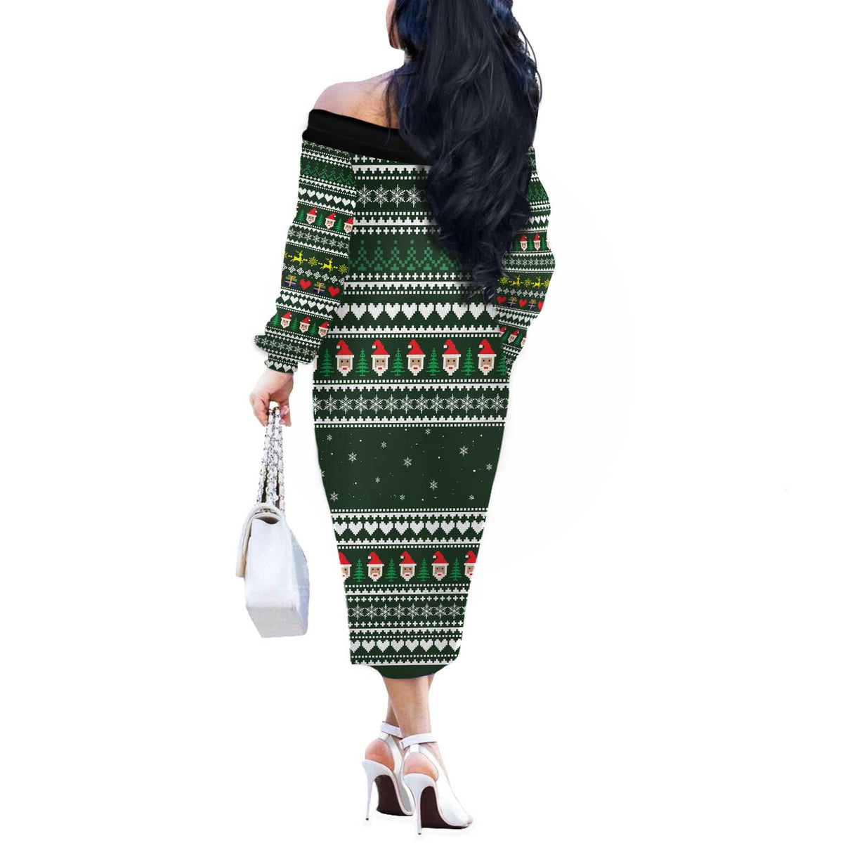 Sloth Christmas Off The Shoulder Long Sleeve Dress with Santa Hat, Presents, and Festive Pattern - Wonder Print Shop