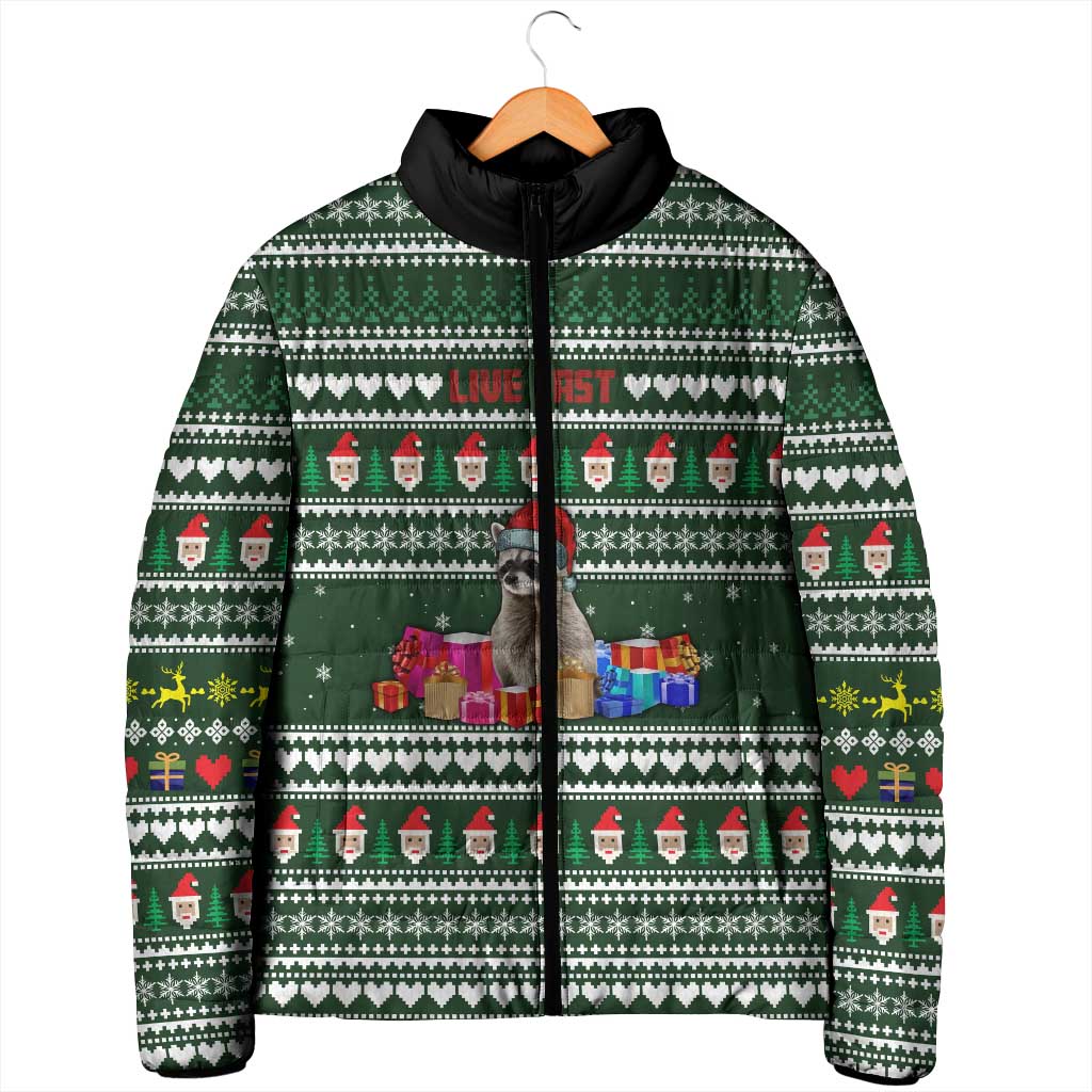 Sloth Christmas Padded Jacket with Santa Hat, Presents, and Festive Pattern - Wonder Print Shop