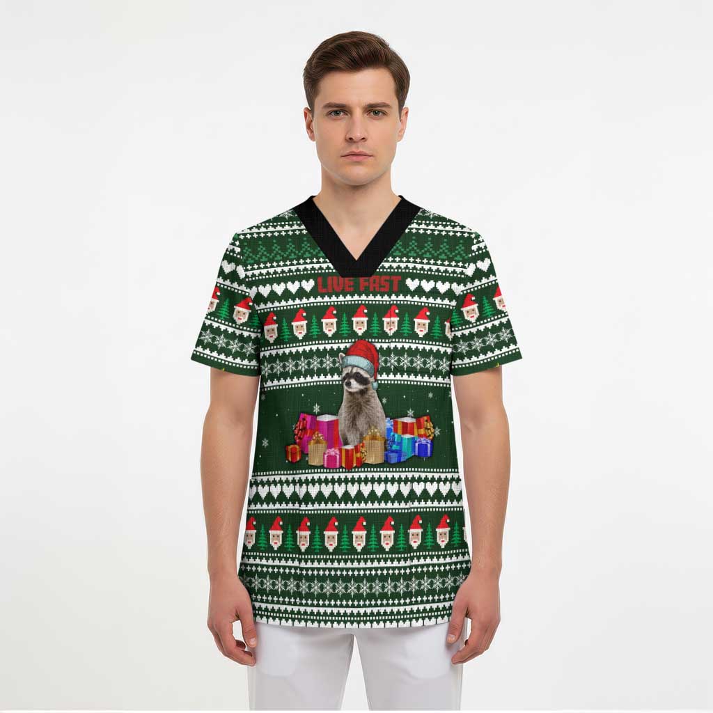 Sloth Christmas Scrub Top with Santa Hat, Presents, and Festive Pattern - Wonder Print Shop