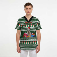Sloth Christmas Scrub Top with Santa Hat, Presents, and Festive Pattern - Wonder Print Shop