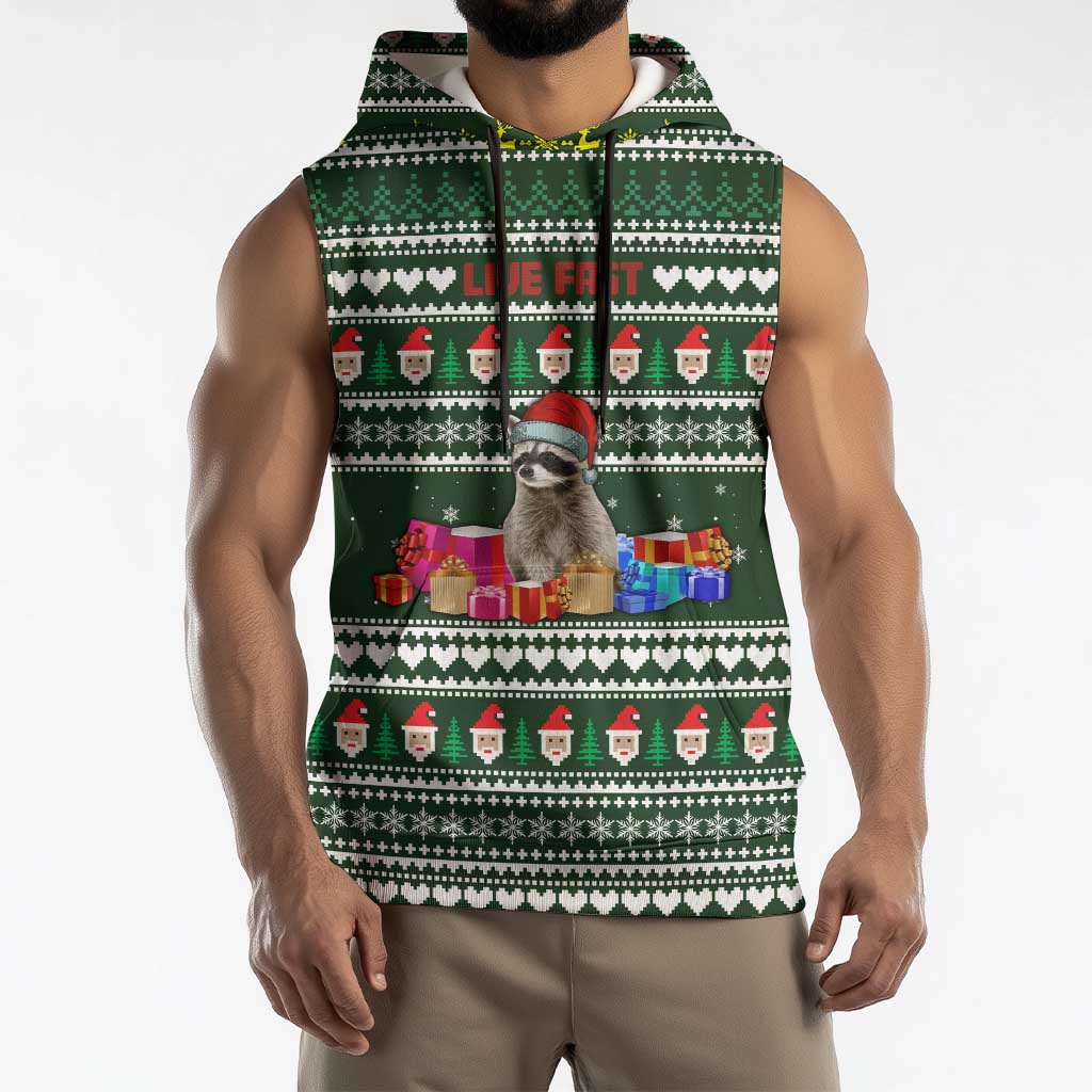 Sloth Christmas Sleeveless Hoodie with Santa Hat, Presents, and Festive Pattern - Wonder Print Shop