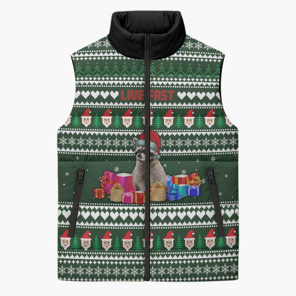Sloth Christmas Sleeveless Puffer Jacket with Santa Hat, Presents, and Festive Pattern - Wonder Print Shop
