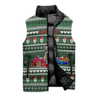 Sloth Christmas Sleeveless Puffer Jacket with Santa Hat, Presents, and Festive Pattern - Wonder Print Shop