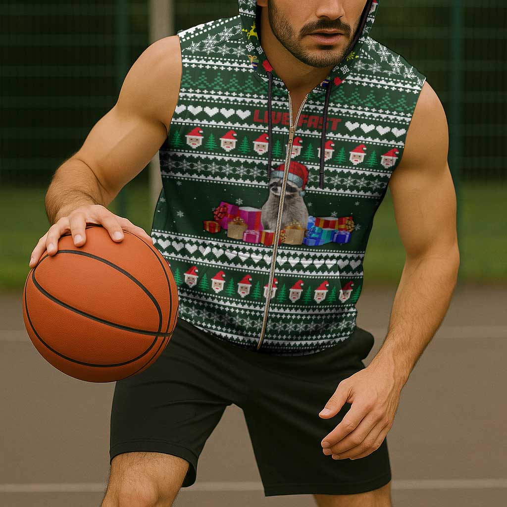 Sloth Christmas Sleeveless Zip Hoodie with Santa Hat, Presents, and Festive Pattern - Wonder Print Shop