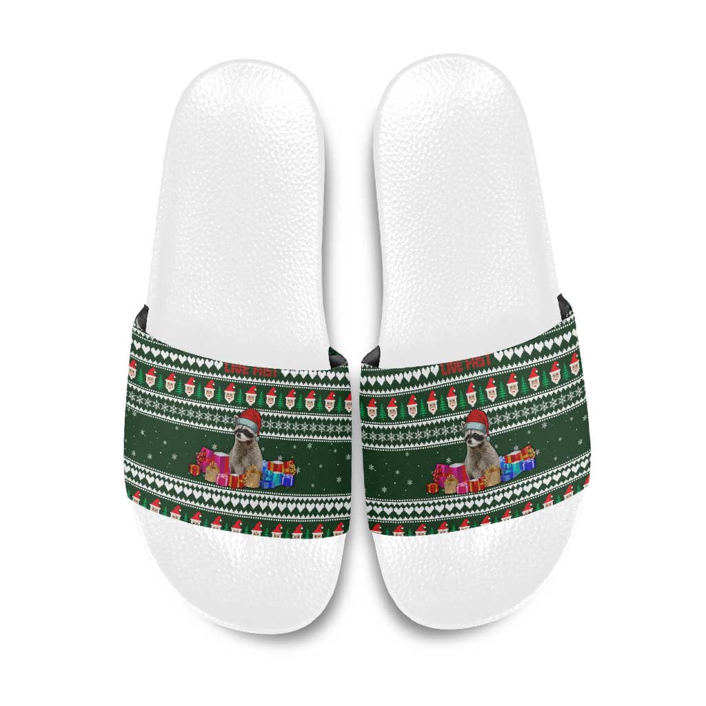 Sloth Christmas Slide Sandals with Santa Hat, Presents, and Festive Pattern - Wonder Print Shop