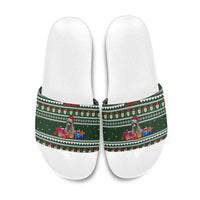 Sloth Christmas Slide Sandals with Santa Hat, Presents, and Festive Pattern - Wonder Print Shop