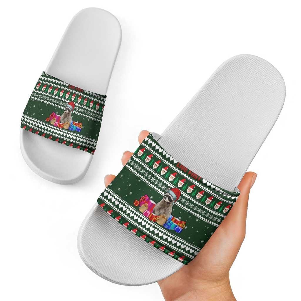 Sloth Christmas Slide Sandals with Santa Hat, Presents, and Festive Pattern - Wonder Print Shop