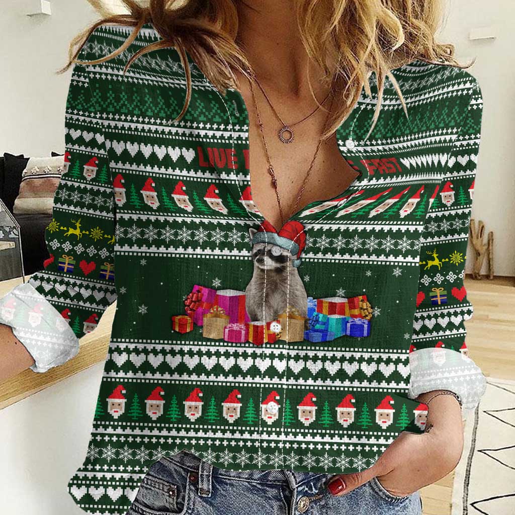 Sloth Christmas Women Casual Shirt with Santa Hat, Presents, and Festive Pattern - Wonder Print Shop