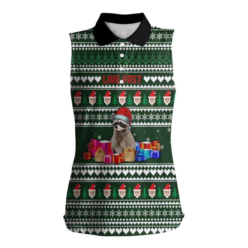 Sloth Christmas Women Sleeveless Polo Shirt with Santa Hat, Presents, and Festive Pattern - Wonder Print Shop